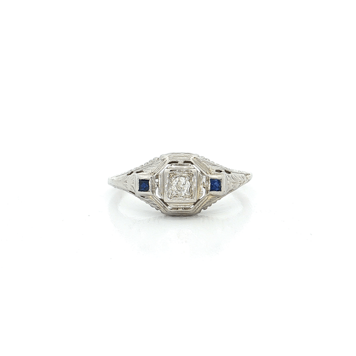 0.20 CTW Antique Natural Round Brilliant Cut Diamond & AAA Grade Sapphire Ring in 14kt White Gold – Jewelry Depot, Inc.