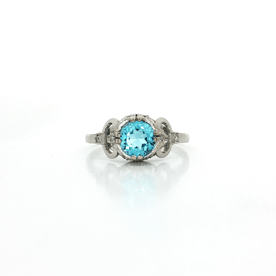 Victorian Antique Round Cut Vivid Swiss Blue Topaz & Diamond Ring (3/4 ct. tw.) Platinum