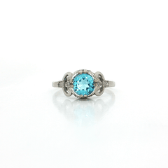 Victorian Antique Round Cut Vivid Swiss Blue Topaz & Diamond Ring (¾ ct. tw.) in Platinum