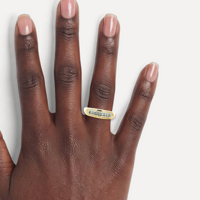 Near Colorless Diamond Wedding Band (⅙ ct. tw.) in 14k Yellow Gold & White Gold shown on a hand (deep skin tone)