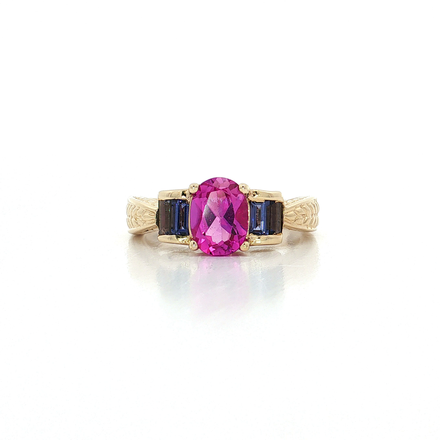Vintage Oval Vivid Pink Topaz & Amethyst Ring (1 1/2 ct. tw.) 10k Yellow Gold