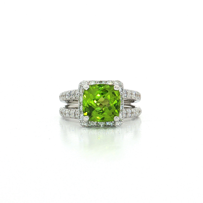 Cushion Vivid Peridot Diamond Halo Ring 18k White Gold