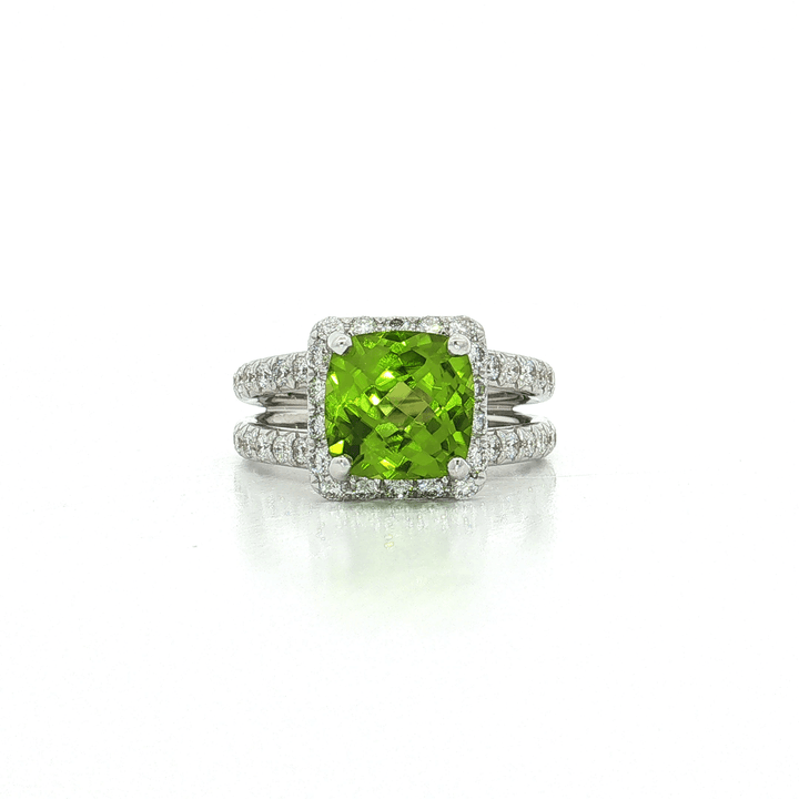 Cushion Vivid Peridot Diamond Halo Ring (4 ½ ct. tw.) in 18k White Gold