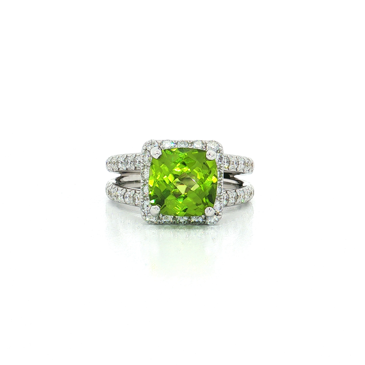 Cushion Vivid Peridot Diamond Halo Ring (4 ½ ct. tw.) in 18k White Gold