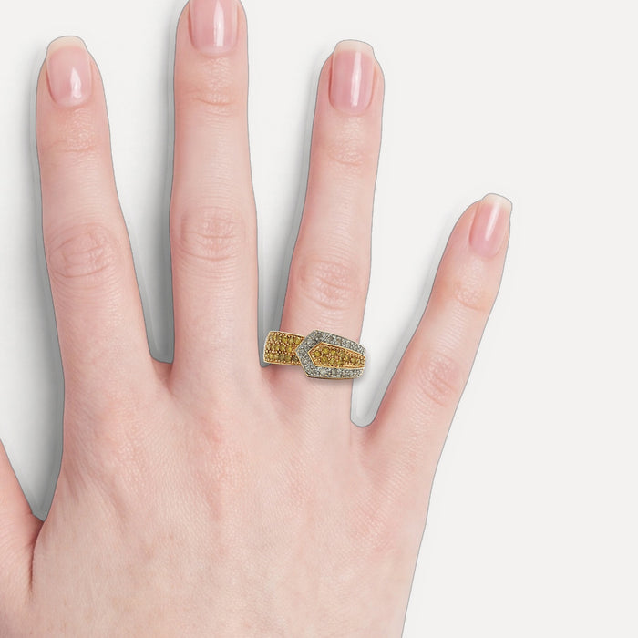 Round Brilliant Cut Pavé Yellow & White Diamond Ring (1 ct. tw.) in 14k Yellow & White Gold Buckle shown on a hand (light skin tone)