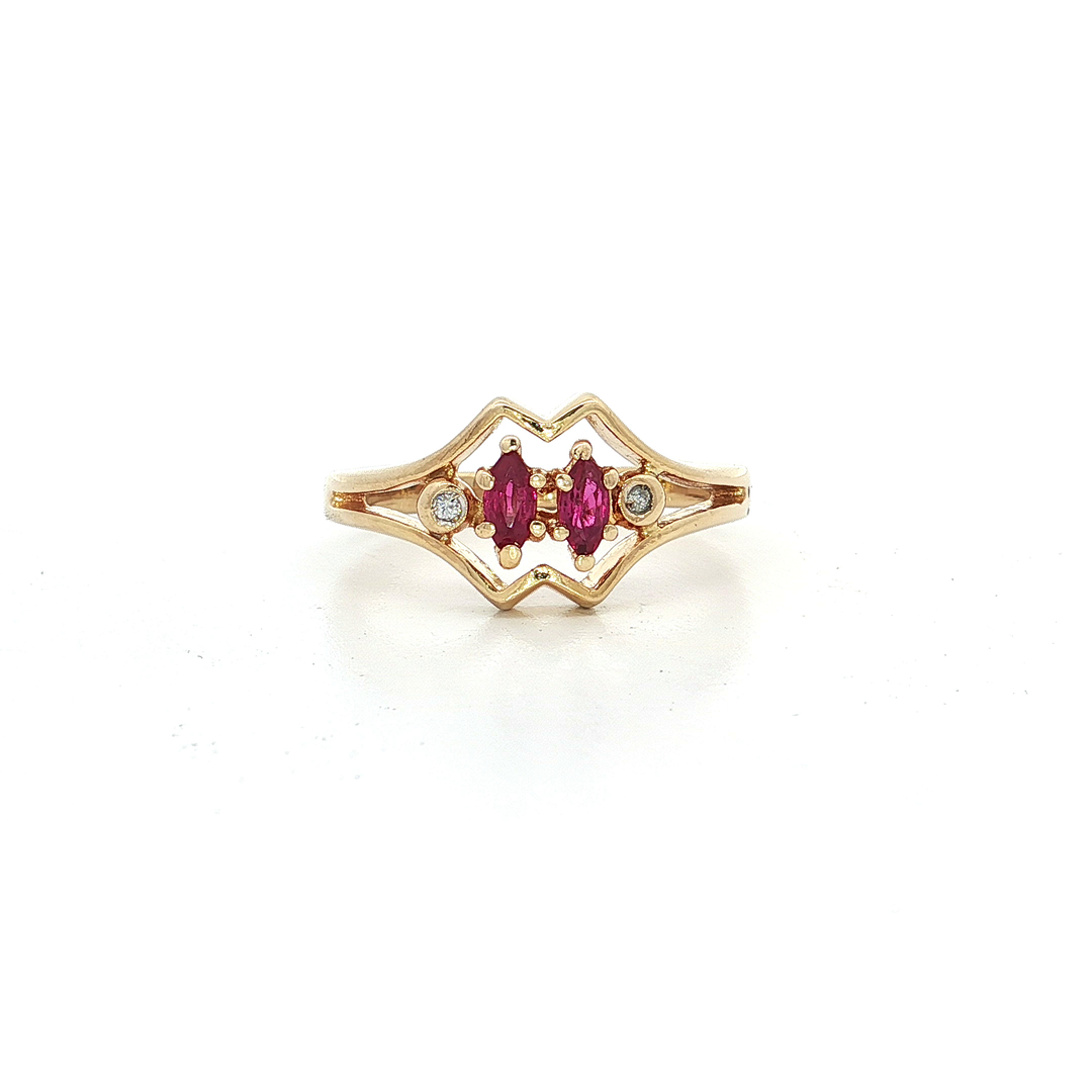 Vintage Natural Marquise Brilliant Cut AAA Grade Ruby & Round Brilliant Cut Diamond Bypass Ring in 14kt Yellow Gold