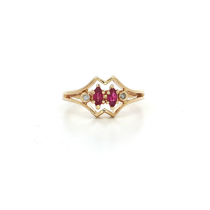 Vintage Natural Marquise Brilliant Cut AAA Grade Ruby & Round Brilliant Cut Diamond Bypass Ring in 14kt Yellow Gold