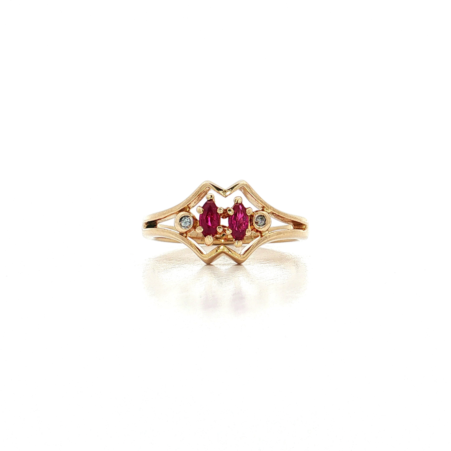 Vintage Marquise Brilliant Cut Ruby & Round Brilliant Cut Diamond Bypass Ring 14k Yellow Gold