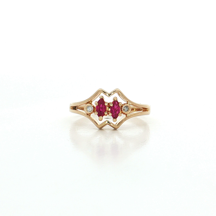 Vintage Marquise Brilliant Cut Ruby & Round Brilliant Cut Diamond Bypass Ring in 14k Yellow Gold