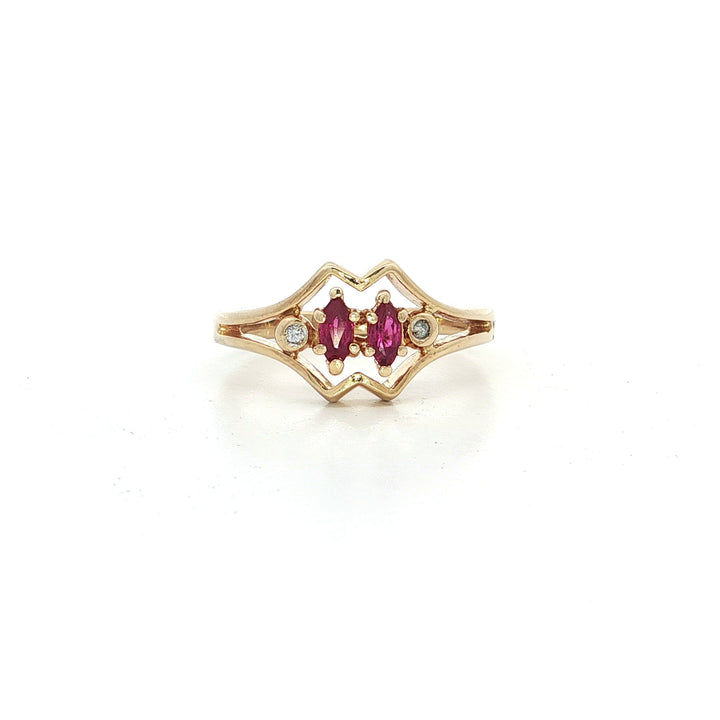 Vintage Natural Marquise Brilliant Cut AAA Grade Ruby & Round Brilliant Cut Diamond Bypass Ring in 14kt Yellow Gold