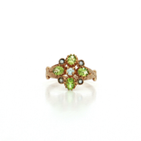 Antique Edwardian Oval Vivid Peridot Pearl Flower Cluster Ring (1 ct. tw.) in 9k Yellow Gold