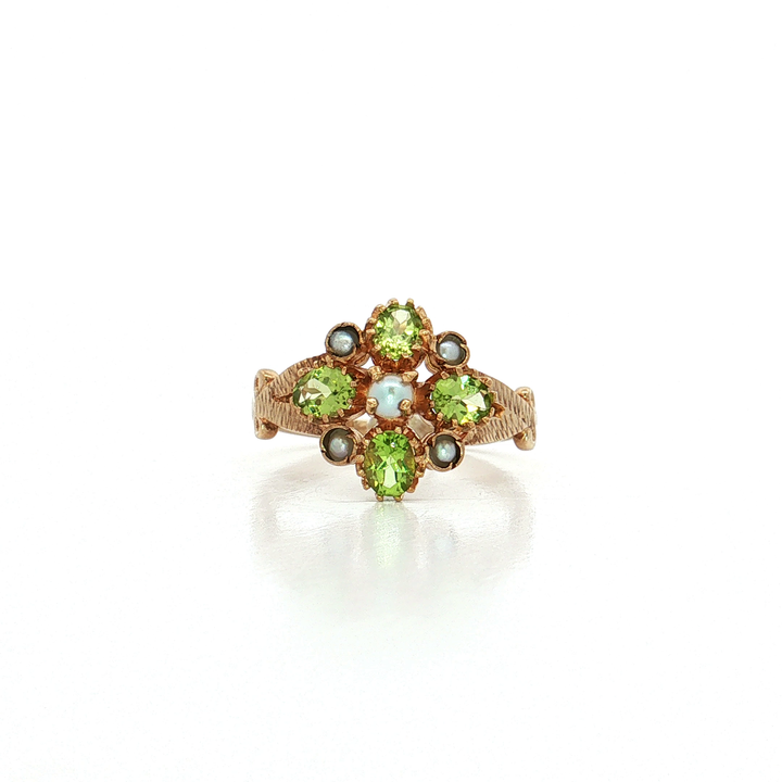 Antique Edwardian Oval Vivid Peridot Pearl Flower Cluster Ring (1 ct. tw.) in 9k Yellow Gold