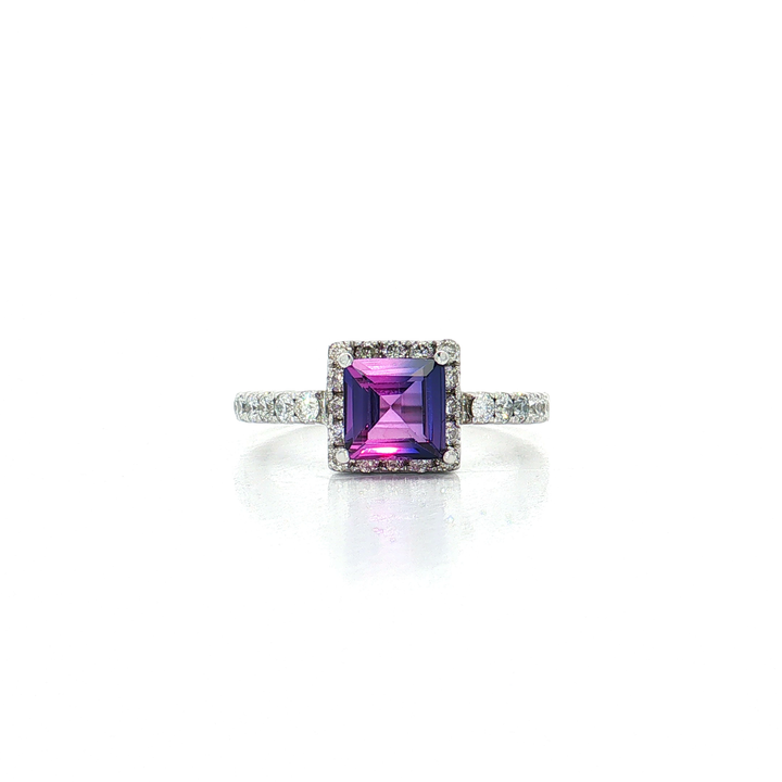 Deep Siberian Square Step Cut Amethyst Colorless Nearly Flawless Halo Diamond Ring (2 ⅓ ct. tw.) in 18k White Gold