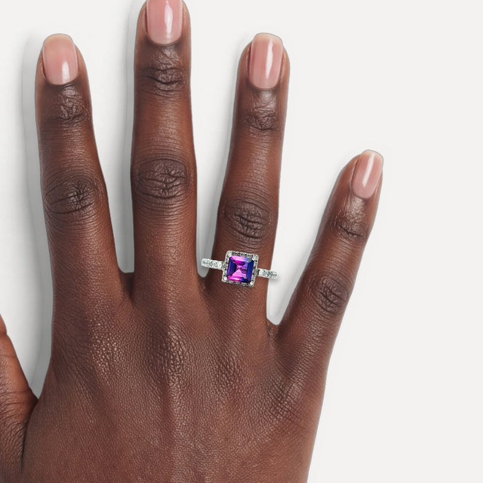 Deep Siberian Square Step Cut Amethyst Colorless Nearly Flawless Halo Diamond Ring (2 ⅓ ct. tw.) in 18k White Gold shown on a hand (deep skin tone)