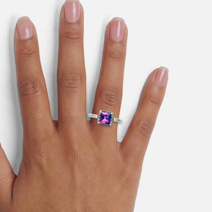 Deep Siberian Square Step Cut Amethyst Colorless Nearly Flawless Halo Diamond Ring (2 ⅓ ct. tw.) in 18k White Gold shown on a hand (medium deep skin tone)