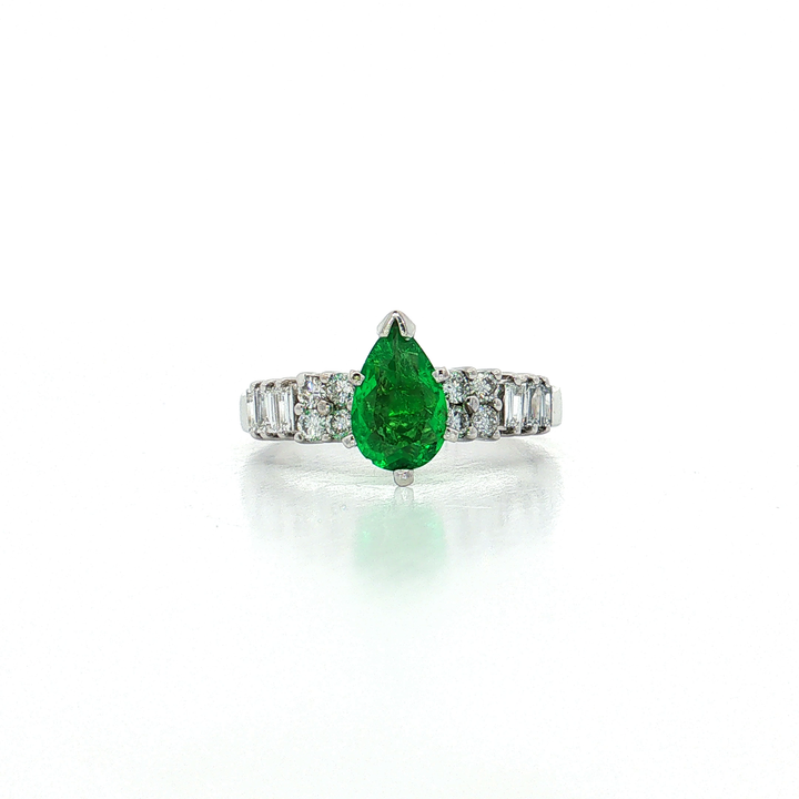 Pear Shape Emerald & Near-Colorless Round Brilliant Cut & Baguette Diamond Ring (1 ¾ ct. tw.) in 18k White Gold