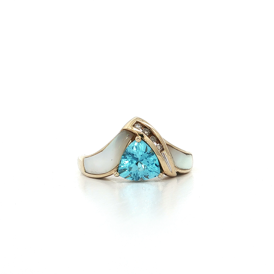 Trillion Swiss Blue Topaz & Mother of Pearl Inlay Cocktail Ring with Near-Colorless Diamonds (1 1/2 ct.) 10k Yellow Gold