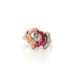 Vintage 1940s Old European Cut Crescent Ruby Diamond Ring (1 ⅒ ct. tw.) in 14k Rose Gold