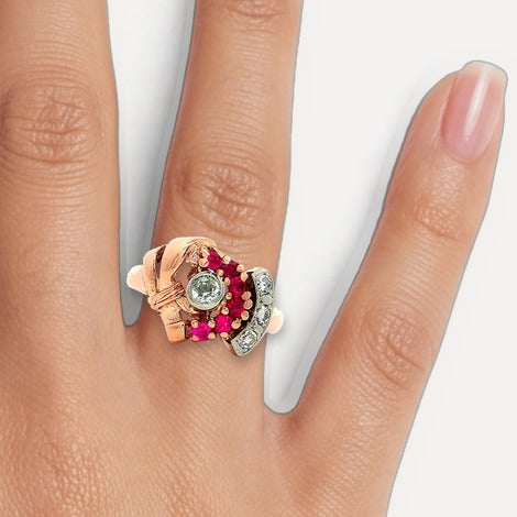 vintage-1940s-old-european-cut-crescent-ruby-diamond-ring-in shown on hand