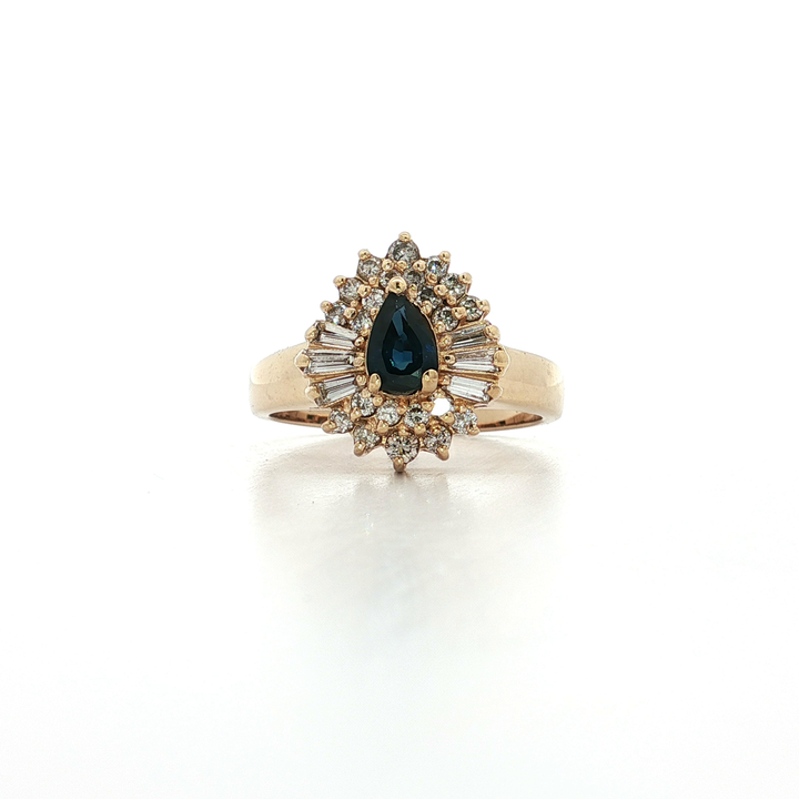 1.50 CTW Ballerina Ring with a AAA Grade Pear Shape Sapphire & Near Colorless Natural Round Brilliant Cut & Baguette Diamonds in 14kt Yellow Gold