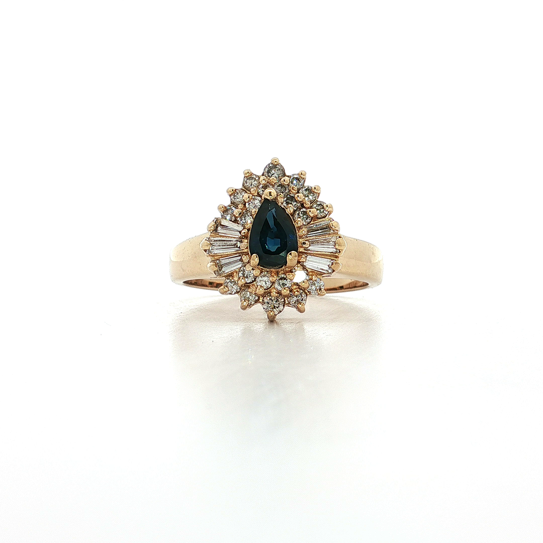 1.50 CTW Ballerina Ring with a AAA Grade Pear Shape Sapphire & Near Colorless Natural Round Brilliant Cut & Baguette Diamonds in 14kt Yellow Gold
