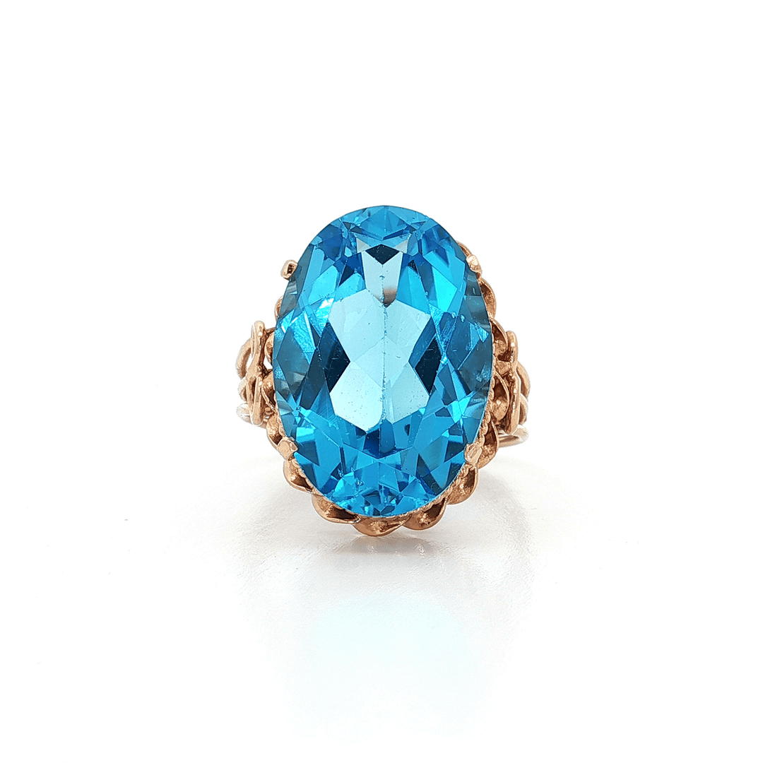 17 CT AAAA Grade Oval Shape Swiss Blue Topaz set in an Antique Triple Shank 14kt Rose Gold Ring with Ornate & Intricate Detail – Jewelry Depot, Inc.