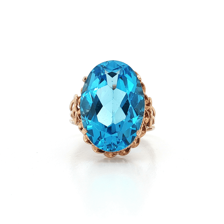 17 CT AAAA Grade Oval Shape Swiss Blue Topaz set in an Antique Triple Shank 14kt Rose Gold Ring with Ornate & Intricate Detail – Jewelry Depot, Inc.