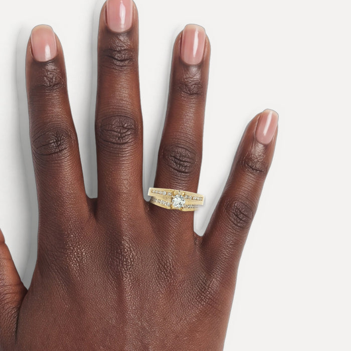 Certified Round Brilliant Cut Near Colorless Diamond Engagement Ring (1 ct.) in 14k Yellow Gold shown on a hand (deep skin tone)