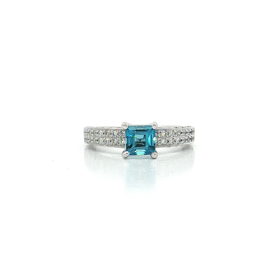 Asscher London Blue Topaz Pave Diamond Ring 18k White Gold