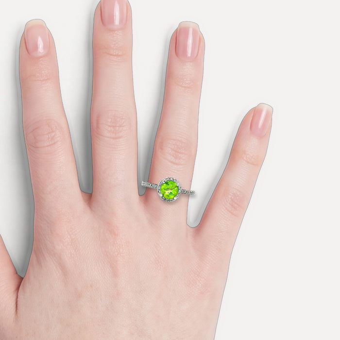 Triple Edge Halo Vivid Peridot Diamond Ring (1 ½ ct. tw.) in 18k White Gold shown on a hand (light skin tone)