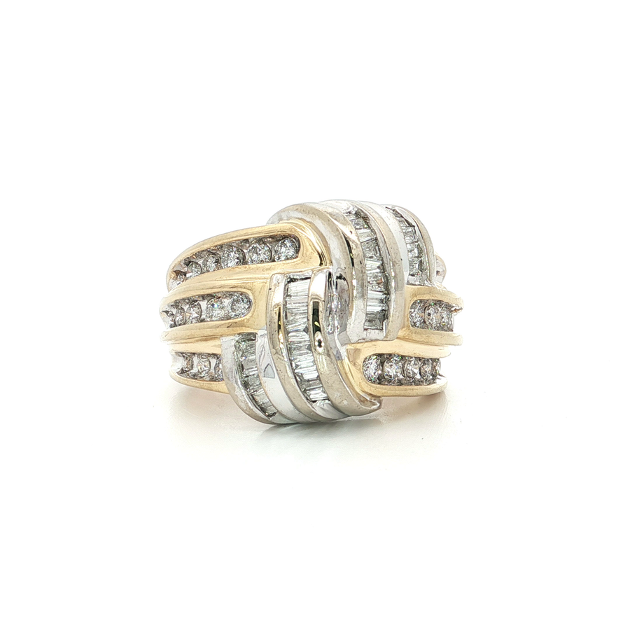 Diamond Knot Ring featuring 1.25ct of baguette diamonds in 14k yellow and white gold, showcasing intricate overlapping design.