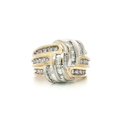 Vintage Round Brilliant Cut & Baguette Diamond Knot Ring (1 ¼ ct. tw.) with a Channel-Set Overlapping Weave Design in 14k Yellow & White Gold