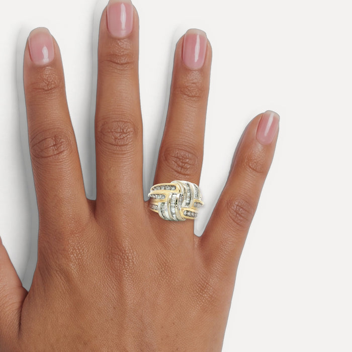 Vintage Round Brilliant Cut & Baguette Diamond Knot Ring (1 ¼ ct. tw.) with a Channel-Set Overlapping Weave Design in 14k Yellow & White Gold shown on a hand (medium deep skin tone)