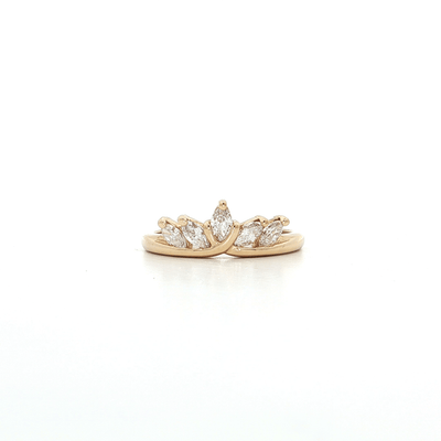 Marquise diamond tiara ring featuring five brilliant cut diamonds in yellow gold setting.