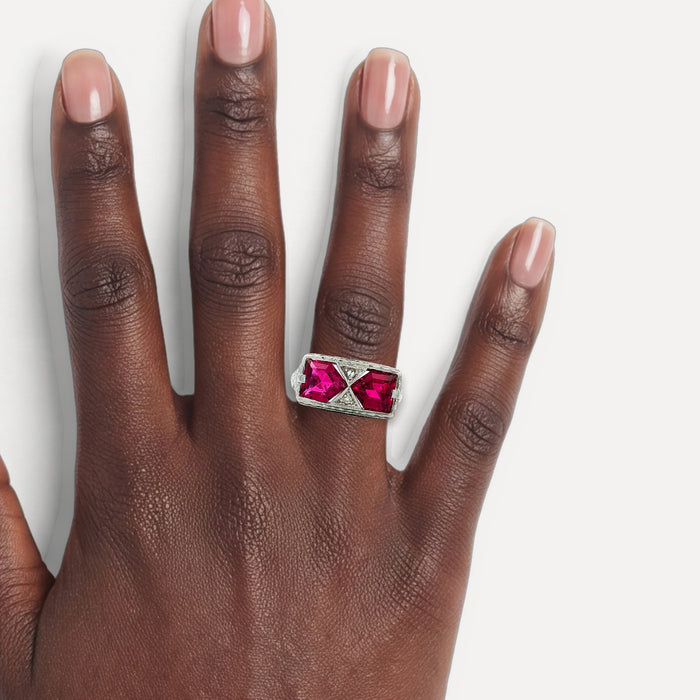 Vintage Art Deco Vivid Rubellite Diamond Ring (2 ⅒ ct. tw.) in 14k White Gold shown on a hand (deep skin tone)