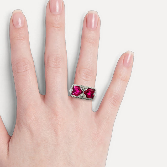 Vintage Art Deco Vivid Rubellite Diamond Ring (2 ⅒ ct. tw.) in 14k White Gold shown on a hand (light skin tone)