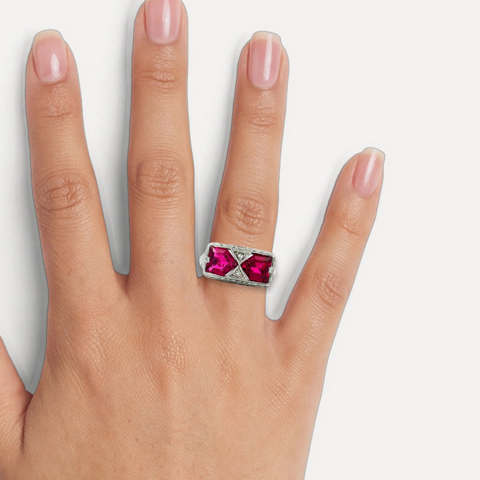 Vintage Art Deco Vivid Rubellite Diamond Ring (2 ⅒ ct. tw.) in 14k White Gold shown on a hand (medium skin tone)