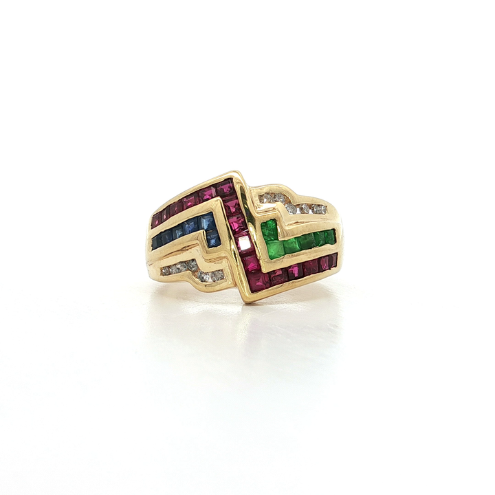 1.35 CTW Natural AAA-Grade Ruby, AAA-Grade Sapphire, AA-Grade Emerald, & Near Colorless Diamond Ring in 18kt Yellow Gold