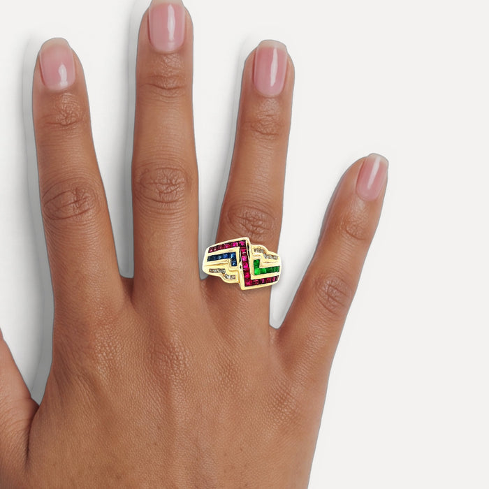 Greek Key Ruby Emerald Sapphire Diamond Ring (1 ½ ct. tw.) in 18k Yellow Gold shown on a hand (medium deep skin tone)