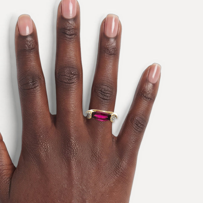 Pink Tourmaline & Diamond Ring Near Colorless Ring  (6 ⅘ ct. tw.) in 14k Yellow Gold shown on a hand (deep skin tone)
