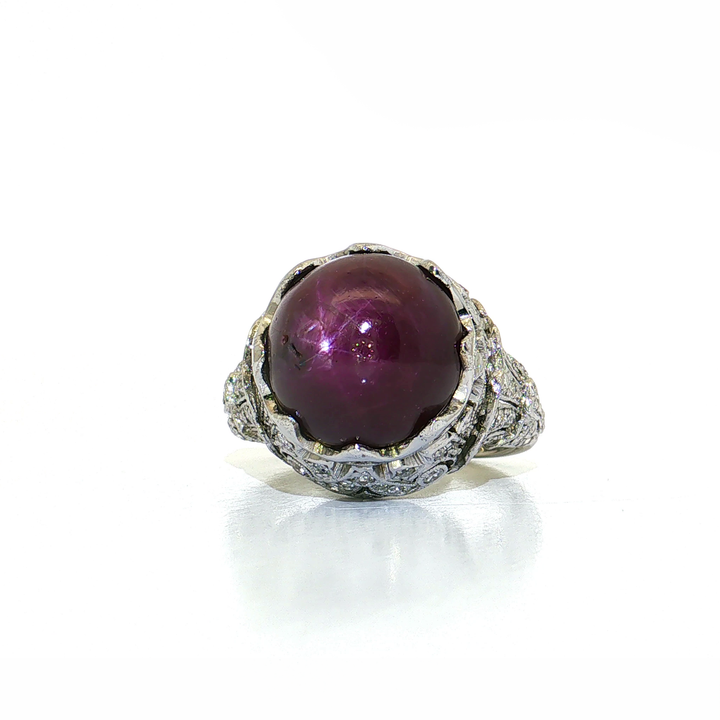 GIA Certified Antique Edwardian Deep Unheated Star Ruby Colorless Nearly Flawless Diamond Ring (20 ct. tw.) in Platinum