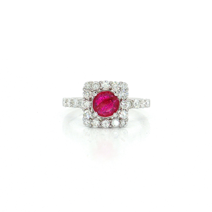 Deep Red Ruby Diamond Halo Ring (1 ⅓ ct. tw.) in 18k White Gold