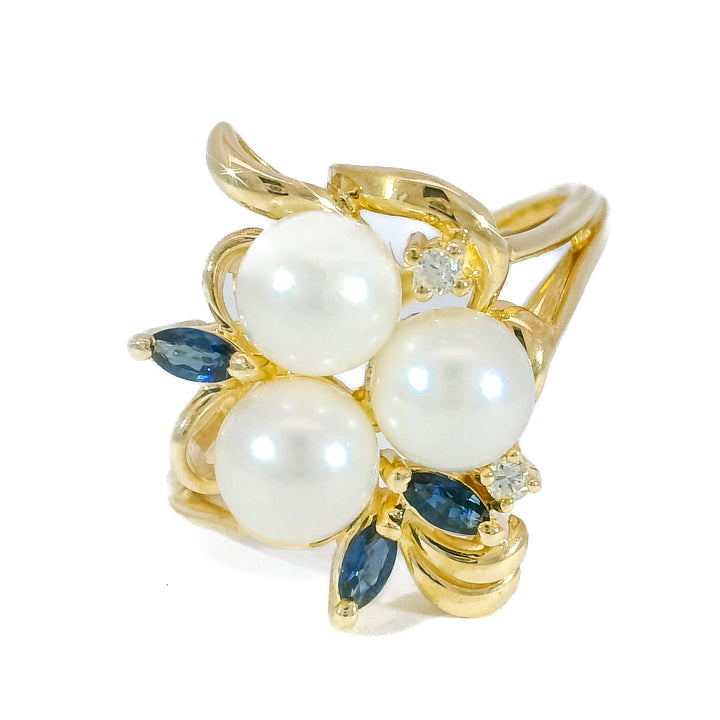0.36 CTW Pearl, Sapphire & Diamond Cocktail Ring in 14KT Yellow Gold