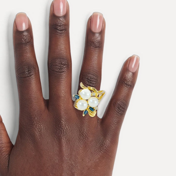 Pearl, Sapphire & Diamond Cocktail Ring (⅜ ct. tw.) in 14k Yellow Gold shown on a hand (deep skin tone)
