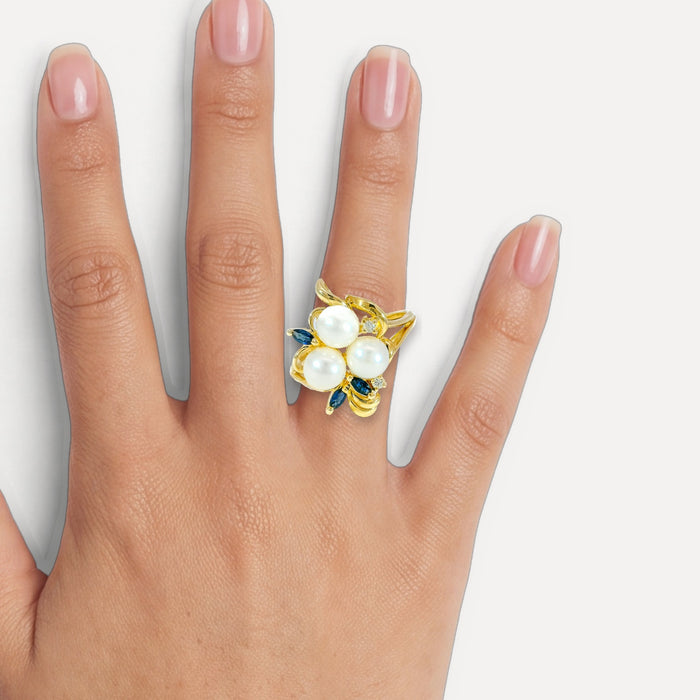 Pearl, Sapphire & Diamond Cocktail Ring (⅜ ct. tw.) in 14k Yellow Gold shown on a hand (medium skin tone)