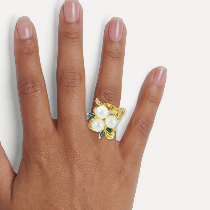 Pearl, Sapphire & Diamond Cocktail Ring (⅜ ct. tw.) in 14k Yellow Gold shown on a hand (medium deep skin tone)