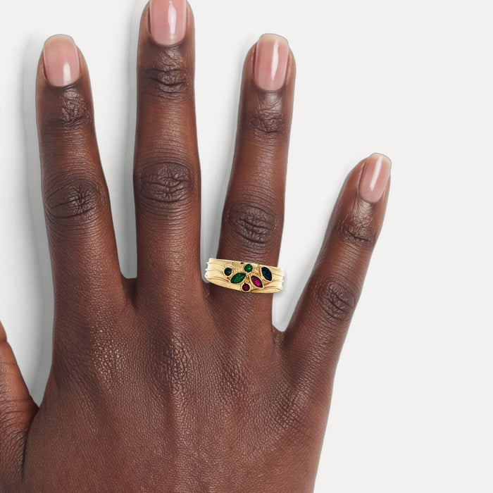 Sapphire, Ruby, and Emerald Floral Natural Ring (⁹⁄₁₀ ct. tw.) in 14k Yellow Gold shown on a hand (deep skin tone)