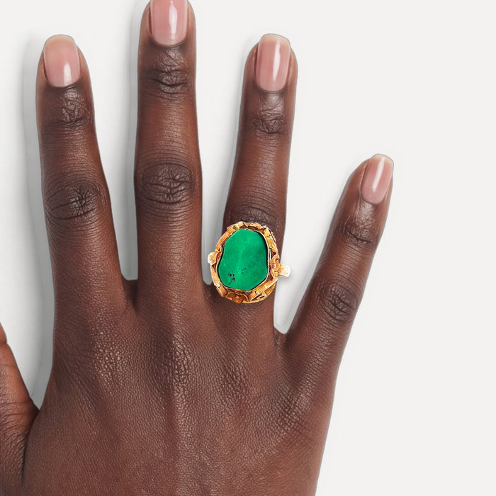 Antique Victorian Freeform Green Turquoise Ring (7 ¾ ct.) in 14k Rose Gold shown on a hand (deep skin tone)