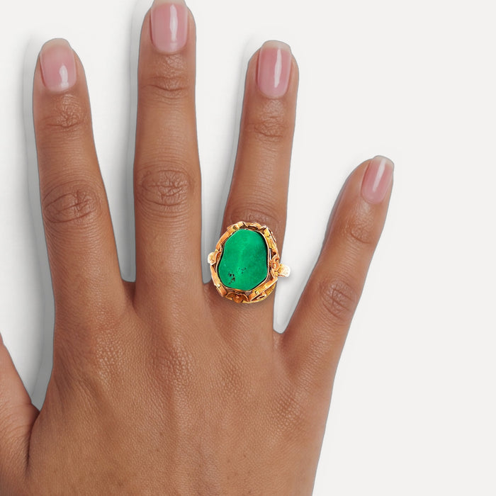 Antique Victorian Freeform Green Turquoise Ring (7 ¾ ct.) in 14k Rose Gold shown on a hand (medium deep skin tone)