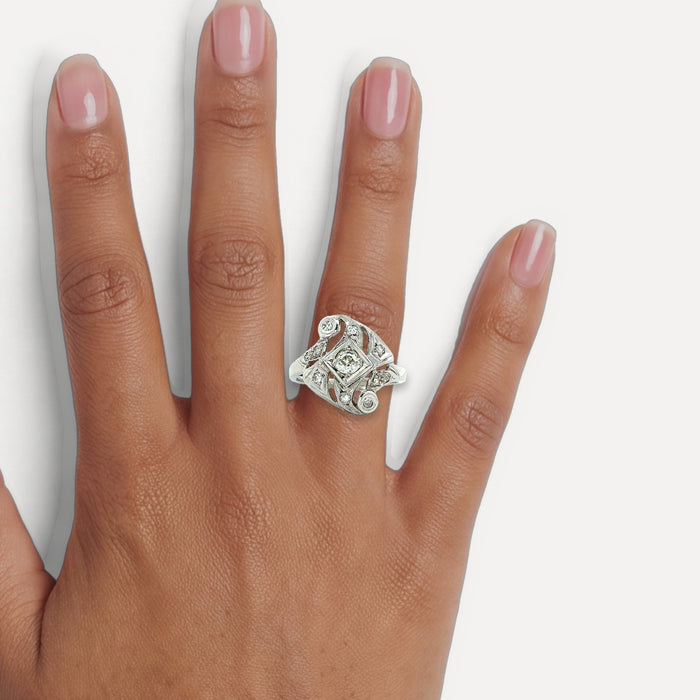 Vintage Art Deco Old European Cut Diamond Ring (⅗ ct. tw.) in 14k White Gold shown on a hand (medium deep skin tone)